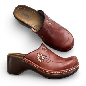 Indigo by Clarks 7M Red Leather Floral Painted Slip On Clog Mules 80712 Y2K Boho